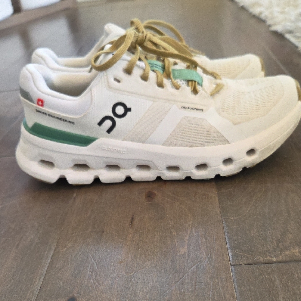 On Running Cloudrunner Sneakers in White, Mint and Tan